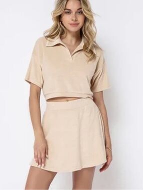 Women's Cream Skirt Set - Short Sleeve Collared Top & Skirt